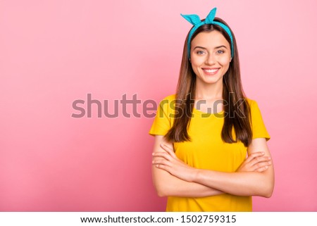 Photo of nice cute confident shining pinup girlfriend combining amazing features of appearance with her developed mind skills while isolated with vivid background