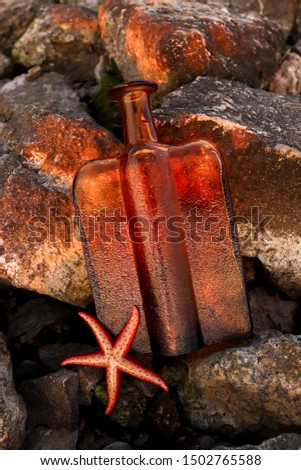 Beautiful bottle of rum on the stones by the sea at sunset