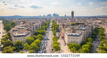 Paris skyline with La Defense business quarter in the background seen from the roof of the Arc de Triomphe