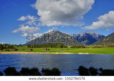 Panorama landscape of Schmalensee Lake near Mittenwald, Garmisch-Partenkirchen, Bayern / Bavaria region of Germany.    