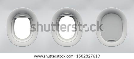 Set of vector realistic aircraft windows with curtains in different positions and blank copyspace inside. Mockup for your design. Royalty-Free Stock Photo #1502827619
