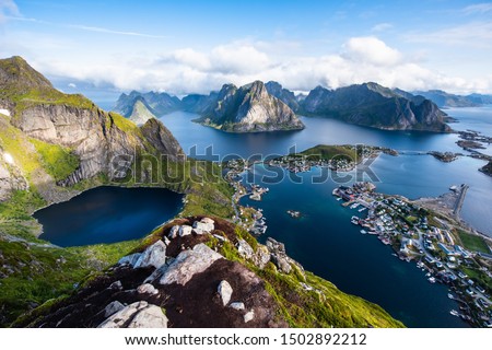Reine from Reinebringen,view on stunning mountains of Lofoten islands, Norway Royalty-Free Stock Photo #1502892212