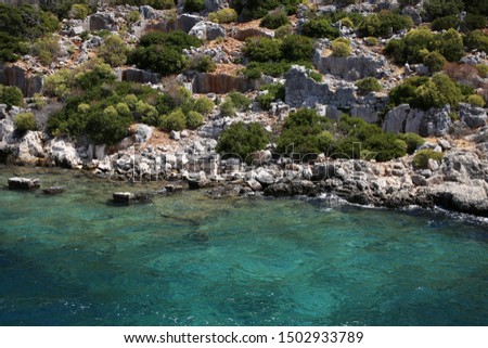 The ruins of the buildings of the ancient antique city of the coast of the Kekova island in Turkey, the city sank to a depth of 6 meters.