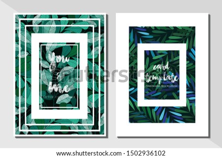Greenery greeting/invitation card template design, dark green leaves with white square frame on white background