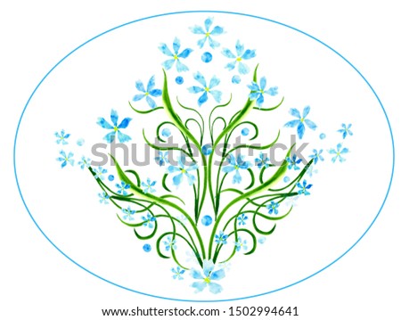Beautiful and delicate bouquet of blue flowers. Hand drawn watercolor illustration