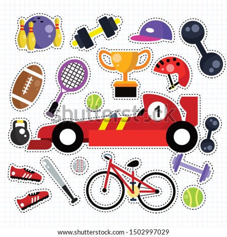Sport Icon Doodle Sticker Patches Set on Isolated White Background