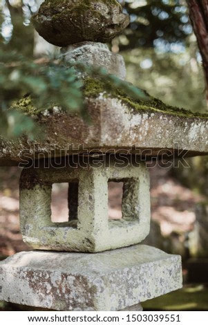 Old stone Japanese lanterns covered in moss