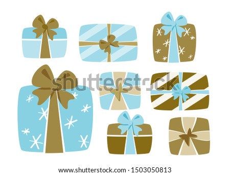 Christmas blue beige gift box clipart. Vector baby boy winter present packaging with a bow design element set. Traditional variety of decorative boxes. Hand drawn isolated clip art collection.  