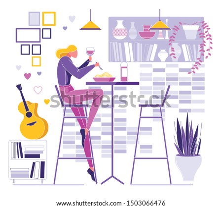 Female Character Sitting at Table on Chair Holding Glass of Wine Drinking and Eating Delicious Pasta for Dinner Chopsticks in Cozy and Silence Interior. Modern woman. Vector Illustration.