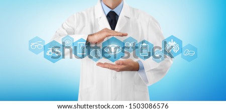 concept of eye examination, optician hands protecting eye icon, prevention and control, web banner infographics with diagnostic tools symbols, isolated on blue background