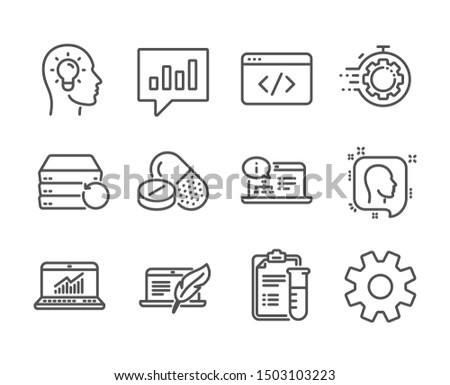 Set of Science icons, such as Medical drugs, Head, Idea head, Online documentation, Seo script, Copyright laptop, Seo timer, Online statistics, Medical analyzes, Service, Recovery server. Vector