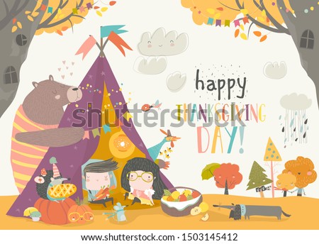Cute kids celebrating Thanksgiving day with animals in a teepee tent