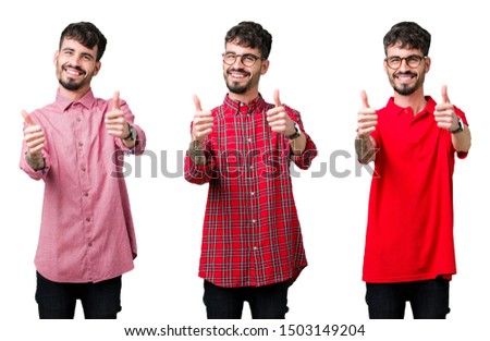 Collage of young man wearing glasses over isolated background approving doing positive gesture with hand, thumbs up smiling and happy for success. Looking at the camera, winner gesture.