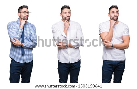 Collage of handsome business man over white isolated background with hand on chin thinking about question, pensive expression. Smiling with thoughtful face. Doubt concept.