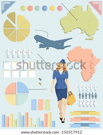 Vector illustration of a travalling info graphic with charts, air hostess and icons