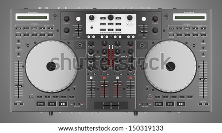 top view of dj mixer controller isolated on gray background 