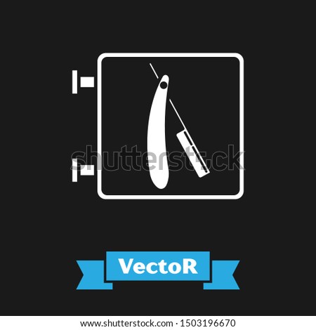 White Barbershop with razor icon isolated on black background. Hairdresser logo or signboard.  Vector Illustration