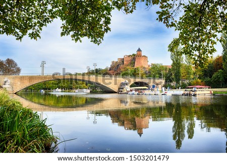 Halle Saale, view over the river Saale to the Burg Giebichenstein, Germany Royalty-Free Stock Photo #1503201479