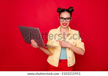 Photo of pretty lady holding notebook hands advising best online service wear specs casual outfit isolated red background