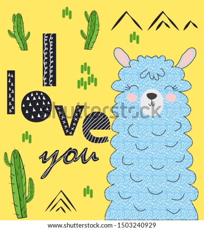 Lama is cute in the Scandinavian style, fashionable, cool, among cacti and mountains. Inscription I love you
