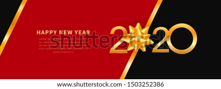 Happy New Year 2020 greeting card text design with shiny gold numbers and golden ribbon gift bow on black background. Holiday banner, poster, voucher, coupon or new year greeting card template