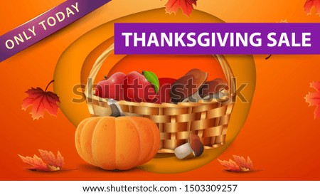 Thanksgiving sale, orange discount web banner in paper cut style with fruit and vegetable basket