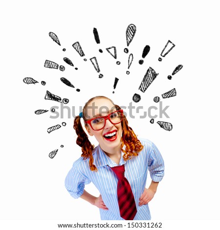 Funny girl in red glasses with exclamation signs