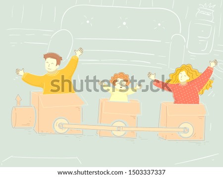 Illustration of a Family Riding a Fantasy Train Made from Cardboard Boxes