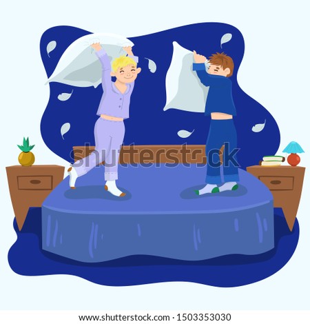 Boy pillow fight. Illustration in blue colors. Vector graphics.