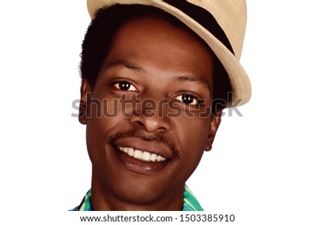 Portrait of handsome american tourist man on white background.