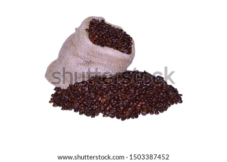 many roasted coffee beans in a hemp bag on the white blackground,isolate
