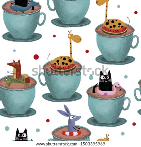 Hand drawn digital art pencil cute cartoon pastel color seamless pattern illustration animals with lifebuoy in the cup of tea or coffee and polka dots on white background for baby textile, other print