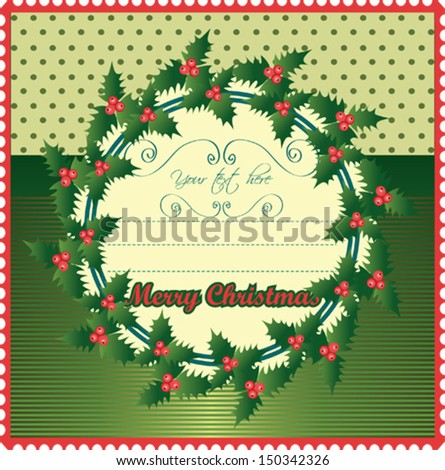 Merry Christmas invitation card with mistletoe and vintage background
