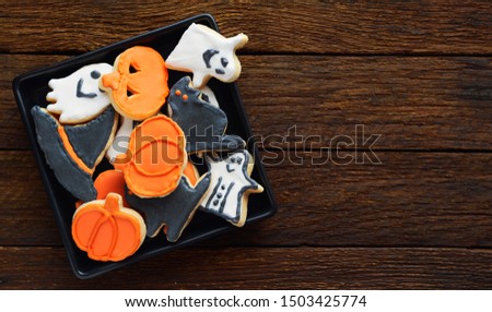 Funny delicious  Halloween cookies on the table. horizontal top view 