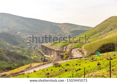Golan Heights, Landscape view of the Golan Heights from fortress Nimrod - the medieval fortress, israel Royalty-Free Stock Photo #1503445073