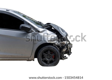 Front of gray color car damaged and broken by accident . Isolate on white background. Save with cliping path
