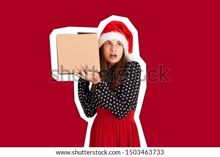 alarmed girl with her gift listens to what's in the carton present. Magazine collage style with trendy color background. holidays concept.