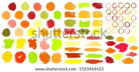 Dry paint stains brush stroke backgrounds set. Dirty vector design elements, boxes, frames for text, labels, logo. Autumn colors stickers, paintbrush grunge stamp label backgrounds, circle frames.
