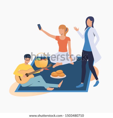 Group of friends having picnic. Food, guitar, taking photos. Happy friends concept. Vector illustration for website, landing page, online store