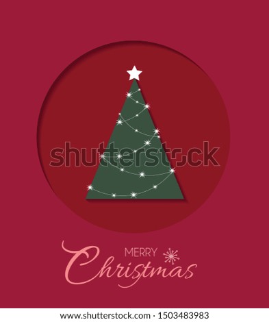Christmas tree on red background in paper cut style