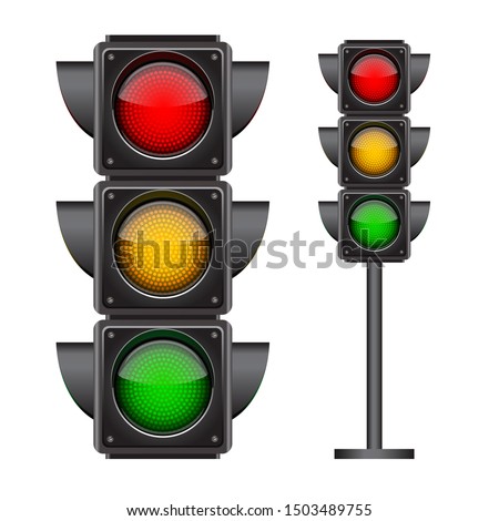 Traffic lights with all three colors on. Photo-realistic vector illustration isolated on white background Royalty-Free Stock Photo #1503489755