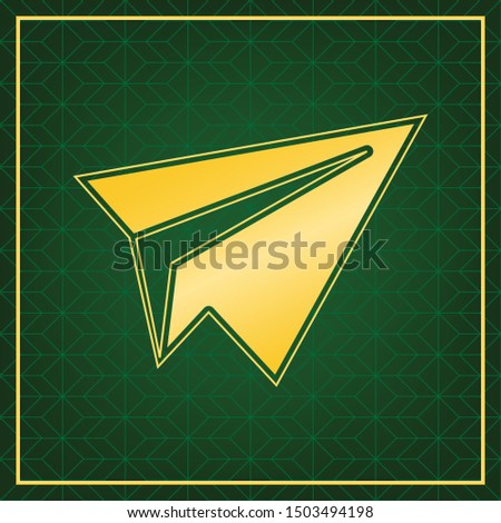 Paper airplane sign. Golden icon with gold contour at dark green gridded white background. Illustration.