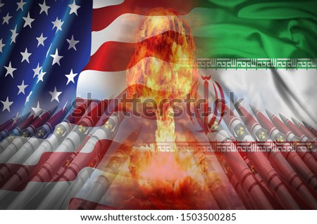 Flag of the United States of America - USA and Iran are painted with nuclear missiles separated by a nuclear explosion, conflict - relationship concept. Relations between the two countries.