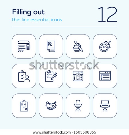 Filling out line icon set. Survey, credit card, handshake. Business concept. Can be used for topics like banking, loan, paperwork, office