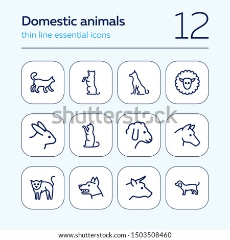 Domestic animals icons. Set of line icons on white background. Dog, sheep, rabbit, cat, cow, horse. Animals concept. Vector illustration can be used for topics like pets, farm, zoology