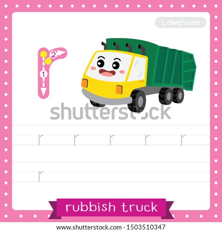 Letter R lowercase cute children colorful transportations ABC alphabet tracing practice worksheet of Rubbish Truck for kids learning English vocabulary and handwriting Vector Illustration.