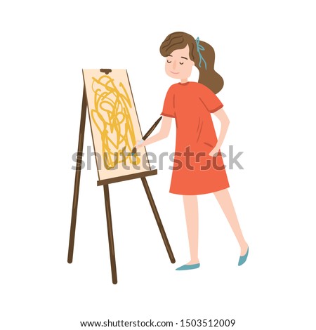 Female artist painting on canvas. Raster illustration isolated on white background