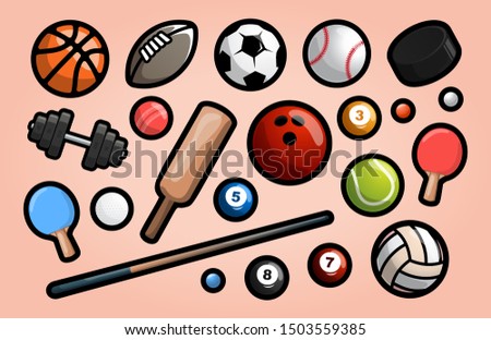 Mega collection of Modern professional Vector illustration. Set of sport equipment in simple design with outline. Collection of sport inventory in flat design. Soccer, football, cricket, basket.