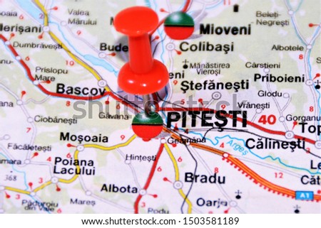 location on the map of the Pitesti city in Romania