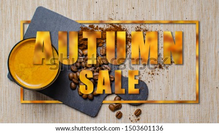 Autumn sale digital poster, banner advertising over cup of espresso and coffee beans